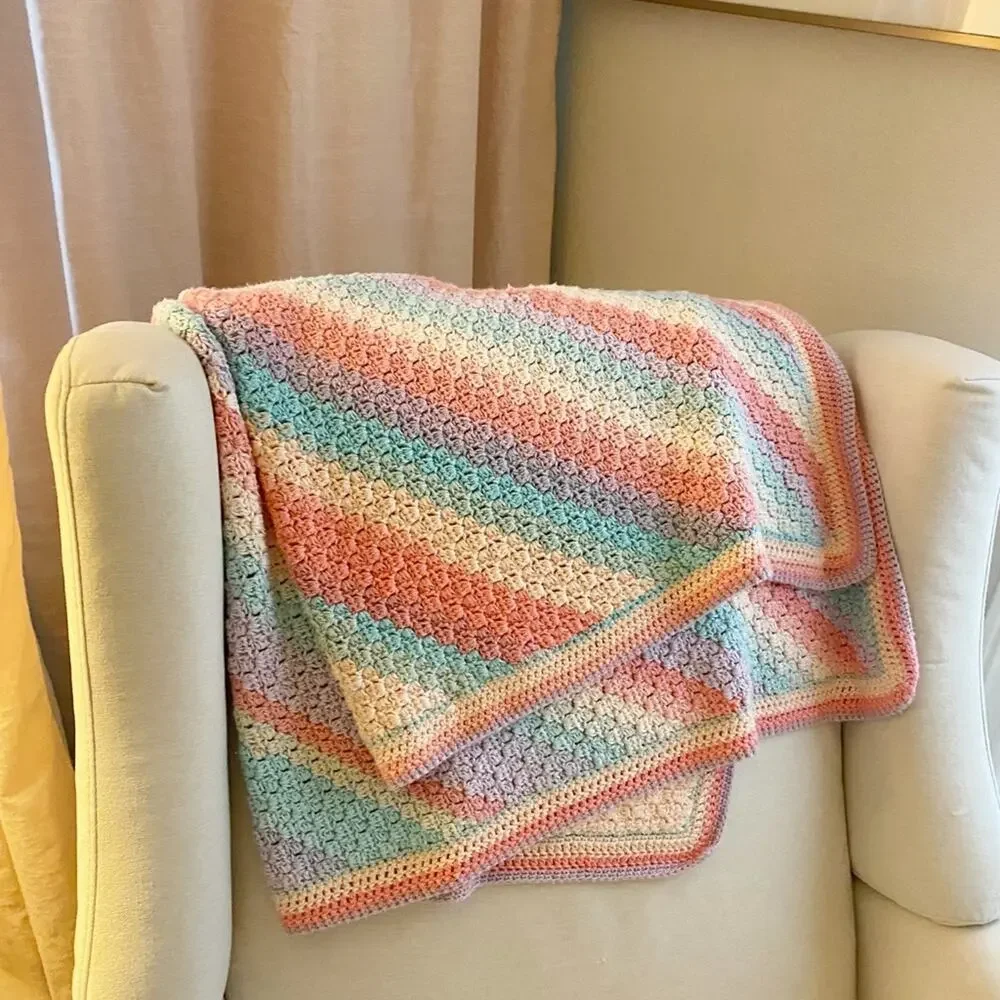 Vintage Handmade Pink Rainbow Baby Blanket 3’ x 4’ throw blanket